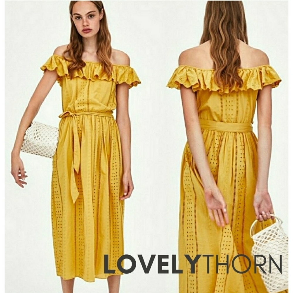 ZARA // ultra-flattering yellow marigold embroidered eyelet off shoulder dress